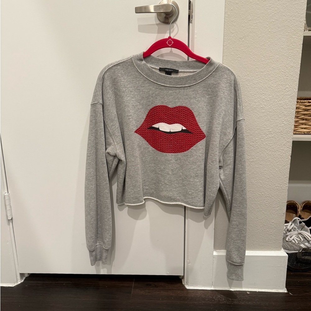 Forever 21 Gray Sweatshirt with Red Lips Graphic